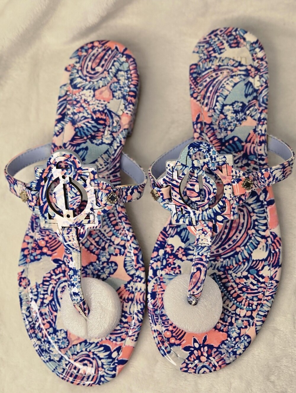 crown & ivy Pink Blue Paisley T-Strap Sandals